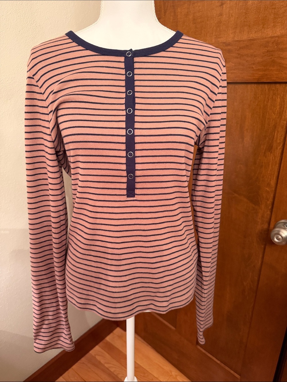 A Supply Striped Long-Sleeve Henley Top - Brown/Navy